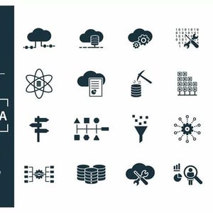 May include: A collection of twenty dark gray icons representing big data concepts, including cloud computing, database structures, analytical tools, and network connectivity, arranged in a grid format on a white background with text.