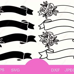 May include: A collection of eight black and white digital graphic elements featuring four solid black banners and four outlined banners. Some banners are decorated with a cluster of three line-art roses and leaves on the left side.