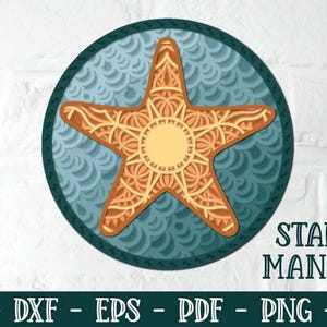 Könnte beinhalten: Ein dreidimensionales Seestern-Mandala-Design. Der Seestern hat eine warme orange Farbe mit komplizierten Ausschnittdetails, vor einem hellblauen Hintergrund in einem dunkelblauen Kreis. Der Text "3D STARFISH MANDALA" wird angezeigt.