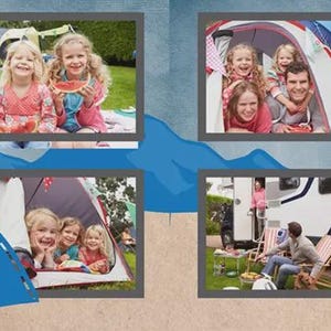 Puede incluir: Un collage de cuatro fotografías que representan actividades de camping, incluyendo niños comiendo sandía, una familia en una tienda de campaña, niños dentro de una tienda y una familia cerca de una caravana. El fondo presenta montañas azules, pinos verdes, una tienda azul, una fogata, binoculares y un icono de brújula.