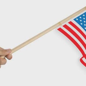 May include: A small handheld American flag featuring the traditional red, white, and blue design with fifty white stars on a blue field and thirteen horizontal red and white stripes, attached to a smooth, light-colored wooden stick handle.