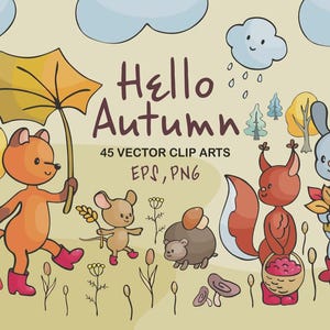 Op de afbeelding: Een cartoonachtige illustratie met de tekst "Hello Autumn" en verschillende dieren. Een vos met een paraplu, een muis, een egel, een eekhoorn met een mandje bessen en een konijn met bladeren zijn afgebeeld. De afbeelding bevat bomen, wolken en paddenstoelen.