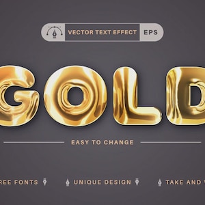 May include: A graphic design featuring the word "GOLD" in a shiny, gold, 3D font. The text is set against a dark gray background. Additional text includes "VECTOR TEXT EFFECT EPS", "EASY TO CHANGE", "FREE FONTS", "UNIQUE DESIGN", and "TAKE AND WRITE".