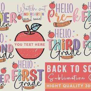 May include: A digital graphic bundle featuring multiple back-to-school designs with red apples, pencils, and stars. Text includes Hello Kindergarten, Pre-K, First, Second, Third, Fourth, Fifth Grade, and You Text Here. The style is colourful and retro.