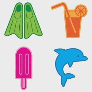 May include: A collection of summer-themed illustrations. Includes green flippers, a glass of orange juice with a straw and orange slice, a pink popsicle, and a blue dolphin.