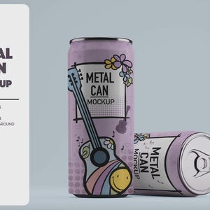 May include: Two light purple metal cans featuring a graphic design of a guitar, a smiley face, and flowers. The text METAL CAN MOCKUP is printed on the cans. One can stands upright while the other lies on its side, showing the top pull tab.