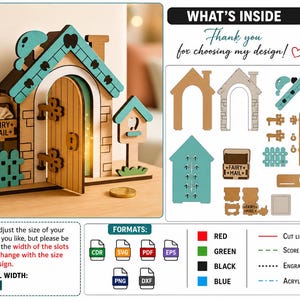 Op de afbeelding: Een houten feeënhuisje met een turquoise dak, deur en accenten. Het huis heeft een brievenbus met de tekst "Fairy Mail" en een vogelhuisje. De afbeelding bevat een diagram van de componenten van het huis en de tekst "What's Inside".