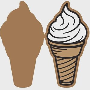 May include: Two ice cream cone illustrations. One is a solid brown silhouette. The other is a detailed drawing of a soft-serve ice cream cone with a white swirl on top, a brown cone, and black outlines.