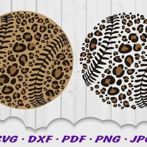 May include: Two circular baseball graphics featuring a leopard print pattern. The left graphic has a tan background with black spots, while the right graphic is black with white spots. Both include the text SVG, DXF, PDF, PNG, JPG at the bottom.