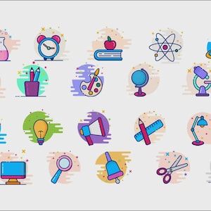 Może przedstawiać: Zbiór kolorowych ikon w stylu kreskówkowym reprezentujących szkołę i naukę. Zawiera mikroskop, model atomu, globus, budzik i inne symbole edukacyjne. Każda ikona jest umieszczona na okrągłym tle.