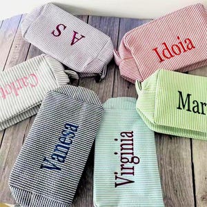 Personalized Embroidered Name Seersucker Makeup Bag,Beauty Makeup Bag,Bridesmaid Makeup Bag,Monogramed Makeup Bag,Bridesmaid Gifts