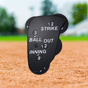 May include: Black baseball scorekeeper with dials for balls, strikes, outs, and innings. The dials are numbered 1, 2, and 3.