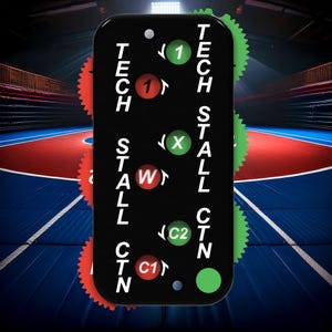 Wrestling Referee Clicker with Tech, Stall, and Caution Dials. Rectangular, one-handed operation.