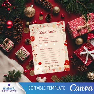 Carta editable de Canva a Papá Noel, plantilla imprimible de carta a Papá Noel, lista de deseos navideña, carta infantil al Polo Norte, tamaño A4/EE. UU.