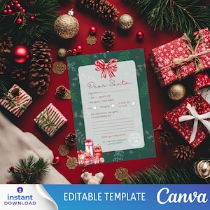 Carta editable de Canva a Papá Noel, plantilla imprimible de carta a Papá Noel, lista de deseos navideña, carta infantil al Polo Norte, tamaño A4/EE. UU.