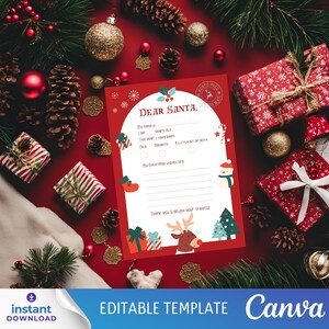 Carta editable de Canva a Papá Noel, plantilla imprimible de carta a Papá Noel, lista de deseos navideña, carta infantil al Polo Norte, tamaño A4/EE. UU.