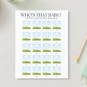 May include: A printable game for a baby shower, titled "Who's That Baby?" with 20 numbered squares, each containing a cartoon image of a cloud and a green hill.