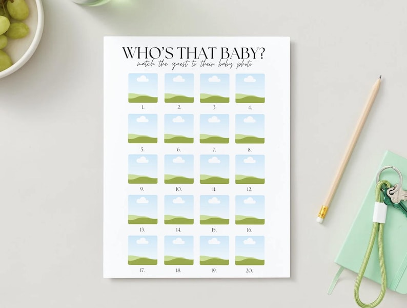 May include: A printable game for a baby shower, titled "Who's That Baby?" with 20 numbered squares, each containing a cartoon image of a cloud and a green hill.