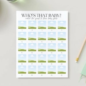 May include: A printable game card with the title "Who's That Baby?" and instructions to match the guest to their baby photo. The card has 25 numbered squares, each containing a small image of a baby photo.