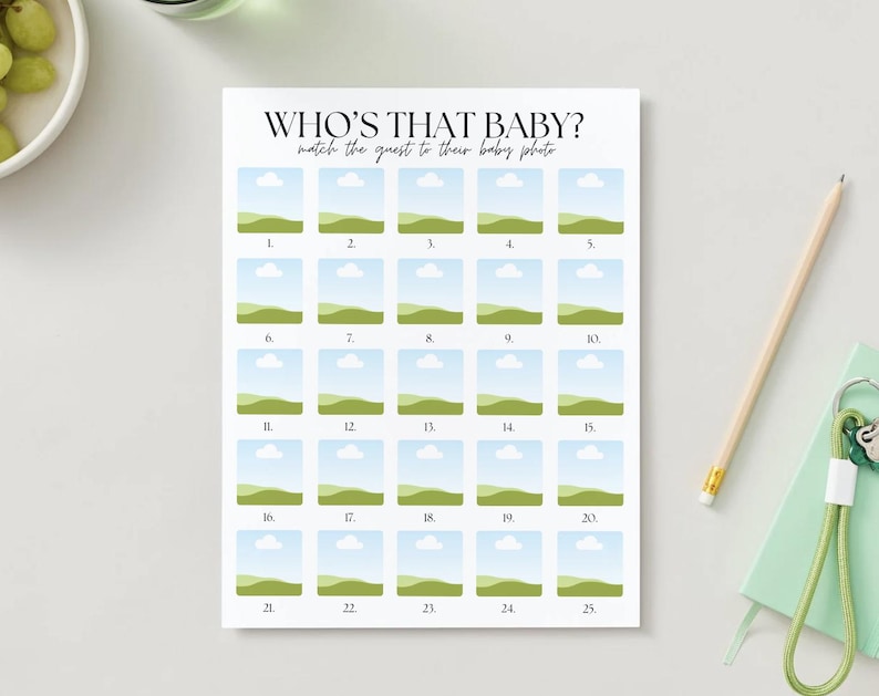 May include: A printable game card with the title "Who's That Baby?" and instructions to match the guest to their baby photo. The card has 25 numbered squares, each containing a small image of a baby photo.