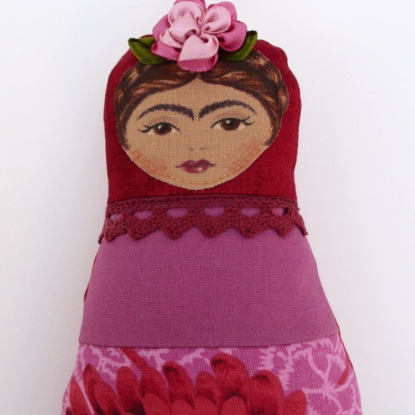 Frida Kahlo Doll, Orchid and Brick Red, Handmade Softie, Mini, Clip-on