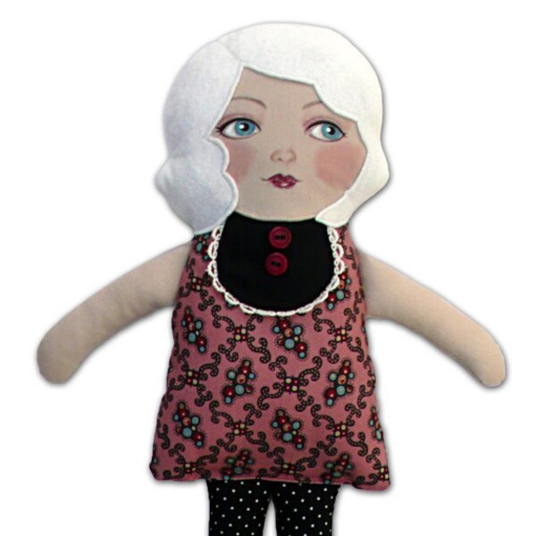 Handmade Cloth Doll by Whimsybean in Rosy Bubble Swirl Print-Harlow