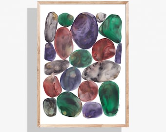 Oryginalny, ręcznie malowany obraz akwarelowy do wydrukowania, abstrakcyjny nowoczesny obraz z kamykami ułożonymi w stosy kamieni, w odcieniach klejnotów, do pobrania w wersji cyfrowej