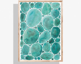 Pintura de acuarela original hecha a mano para imprimir, guijarros apilados de color verde azulado, arte de acuarela moderno abstracto