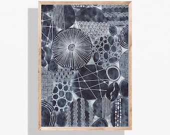 Abstrakcyjny obraz akwarelowy z indygo, kamyk, nowoczesna sztuka do druku (pobranie cyfrowe)