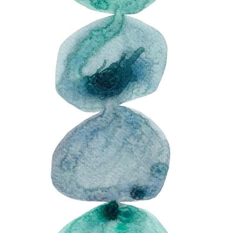 Modern abstract artwork of stacked pebbles in shades of blue and green. Original hand-drawn artwork using watercolour. Wall art for home