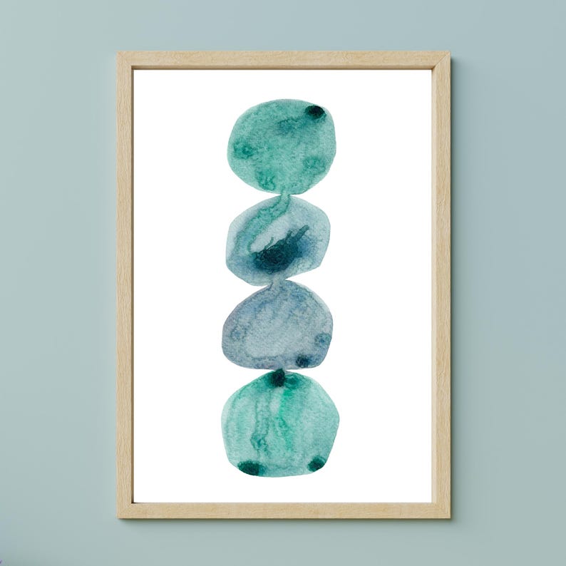 Modern abstract artwork of stacked pebbles in shades of blue and green. Original hand-drawn artwork using watercolour. Wall art for home
