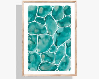 Lámina artística abstracta de guijarros en acuarela, azul, verde y dorado (descarga digital)