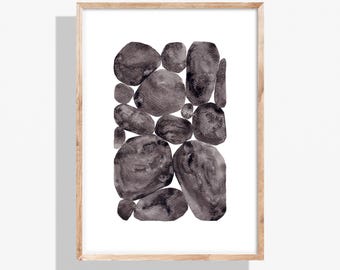 Lámina de acuarela con guijarros apilados, arte abstracto en piedra (descarga digital)