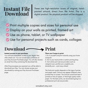 Puede incluir: Un gr&aacute;fico de descarga digital con fondo azul y texto blanco. El gr&aacute;fico explica que el producto es un escaneo de alta resoluci&oacute;n de una obra de arte original pintada a mano. Tambi&eacute;n enumera las formas en que se puede utilizar la descarga digital, como imprimir varias copias, exhibir en las paredes, usar como fondo de pantalla de tel&eacute;fono o televisi&oacute;n y usar para proyectos personales. El gr&aacute;fico tambi&eacute;n explica c&oacute;mo descargar e imprimir el archivo digital.