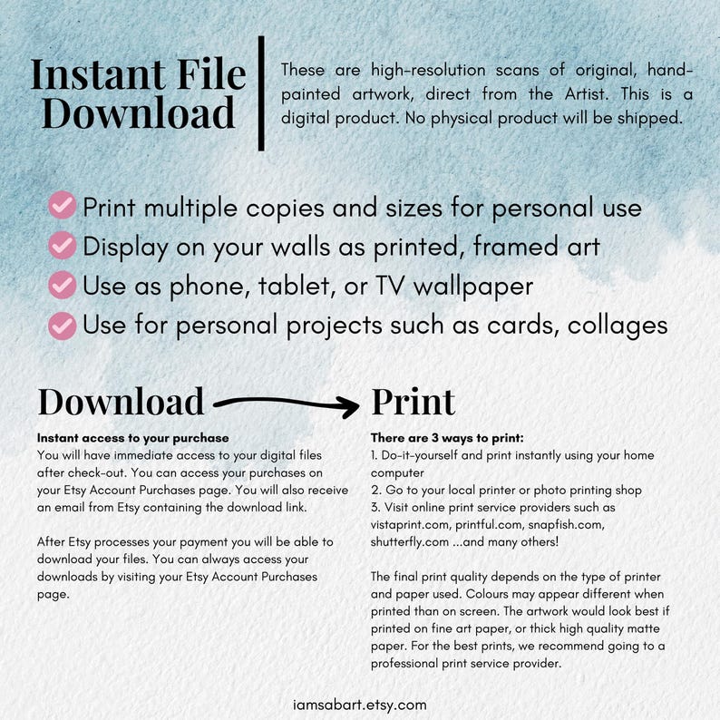 Puede incluir: Un gr&aacute;fico de descarga digital con fondo azul y texto blanco. El gr&aacute;fico explica que el producto es un escaneo de alta resoluci&oacute;n de una obra de arte original pintada a mano. Tambi&eacute;n enumera las formas en que se puede utilizar la descarga digital, como imprimir varias copias, exhibir en las paredes, usar como fondo de pantalla de tel&eacute;fono o televisi&oacute;n y usar para proyectos personales. El gr&aacute;fico tambi&eacute;n explica c&oacute;mo descargar e imprimir el archivo digital.