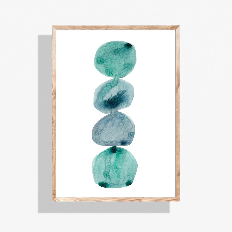 Modern abstract artwork of stacked pebbles in shades of blue and green. Original hand-drawn artwork using watercolour. Wall art for home