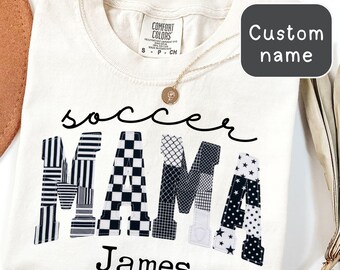 Personalized Soccer Mama Faux Patchwork shirt with kid name, Custom Sport Soccer Tee, Custom Gameday Futbol Gifts, soccer mom player gift