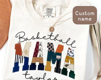 Personalized Basketball Mama Faux Patchwork shirt with kid name, Basketball Mom Custom Name, Game Day Mama Basketball Season comfort color