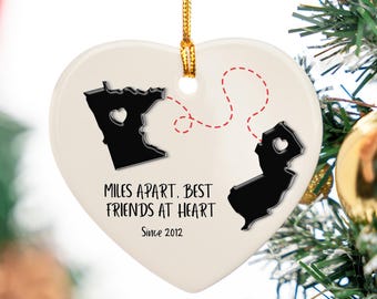 Personalized Long Distance Friendship Ornament, Custom Best Friend Keepsake Gift For Bestie, Friends Miles Apart Holiday Decor Ornament