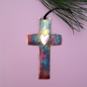 Handcrafted Copper Cross with Heart Ornament