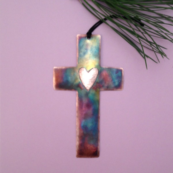 Handcrafted Copper Cross with Heart Ornament