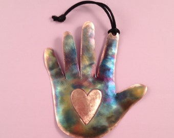 Copper Hand with Heart Ornament
