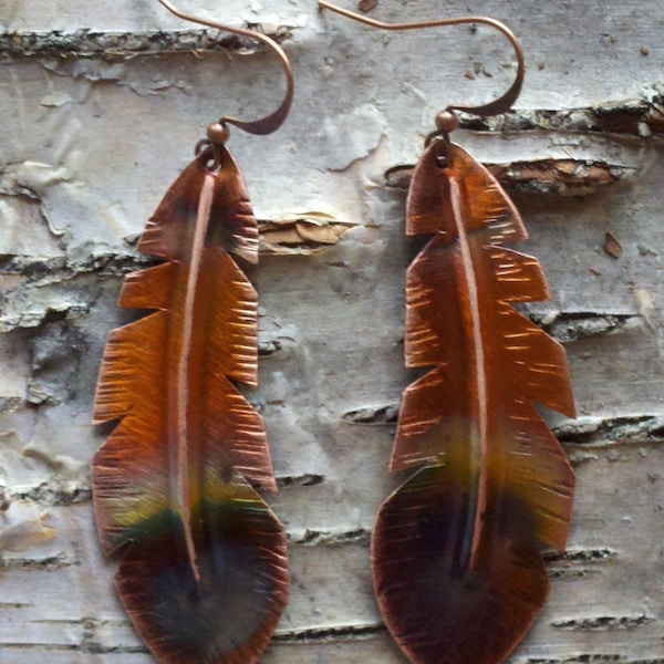 Handcrafted Heated Copper Feather Earrings