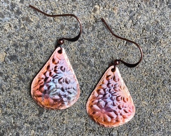 Handcrafted Copper Flower Print Tear Drop Earrings…