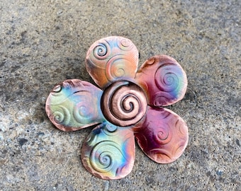 Handcrafted Copper Flower with swirl Pin, floral, garden,