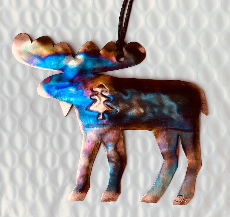 Handcrafted Copper Moose with tree Ornament image 1