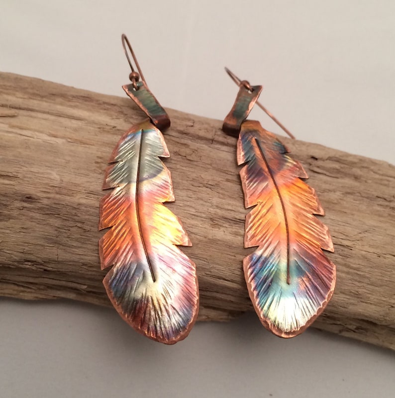 Handcrafted Copper wrapped stem Feather Earrings Etsy