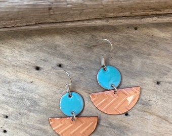 Copper Enameled Earrings, Trendy Earrings, turquoise, Geometric,