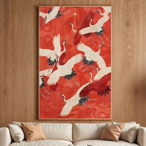 Japanese Crane Art Print, Kimono Inspired Bird Wall Decor, Traditional Asian Textile Style Canvas for Zen & Boho Interiors