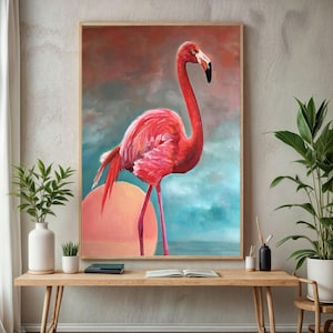 Pink Flamingo Wall Art, Sunset Bird Painting for Tropical Boho Decor, Elegant Flamingo Print, Modern Nature Inspired Artwork